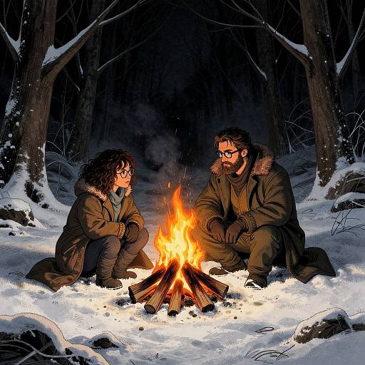 Illustration of a bearded man and a woman with curly hair, both in heavy coats, sitting by a bright campfire in a snowy forest at