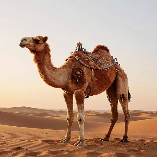 Photograph of a ornately decorated camel with intricate saddle and jewelry, standing in a sunlit, sandy desert landscape at sunset.