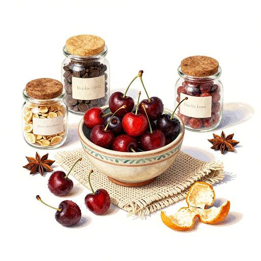 Ceramic bowl with ripe cherries and spices