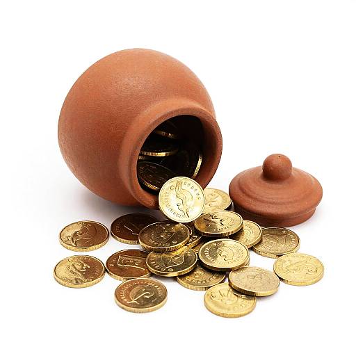 Photograph of a red clay pot overturned, spilling numerous golden coins onto a white background. The pot's lid rests nearby.