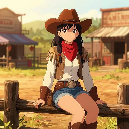 Anime-style drawing of a blushing cowgirl with brown hat, red bandana, white shirt, fringed vest, denim shorts, and brown boots