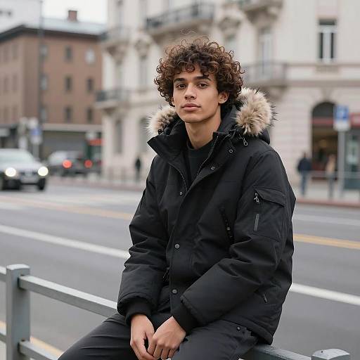 Young Man in Black Winter Jacket Sitting on City Bridge