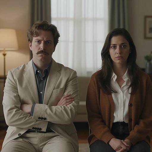 Serious Duo in Dimly Lit Room