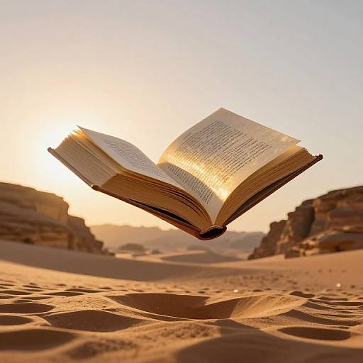 Photograph of an open book floating in a desert at sunset, with golden sunlight illuminating its pages and casting shadows on the sandy dunes.