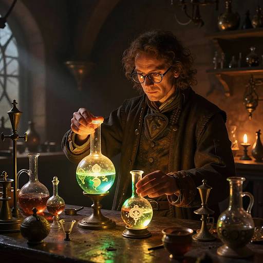 Bespectacled Alchemist in Medieval Lab