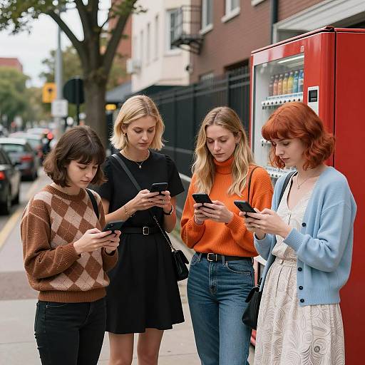 Four Women Using Phones on City Sidewalk