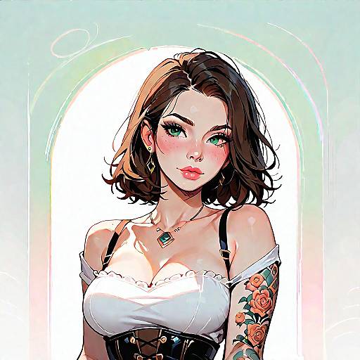 Tattooed Woman in Denim Corset Crop Top