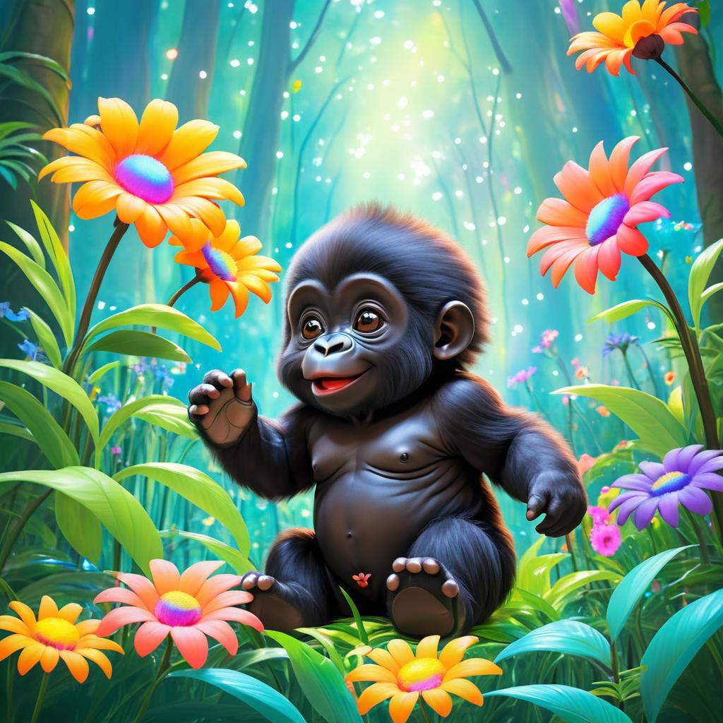 Whimsical Baby Gorilla in Fantasy Forest