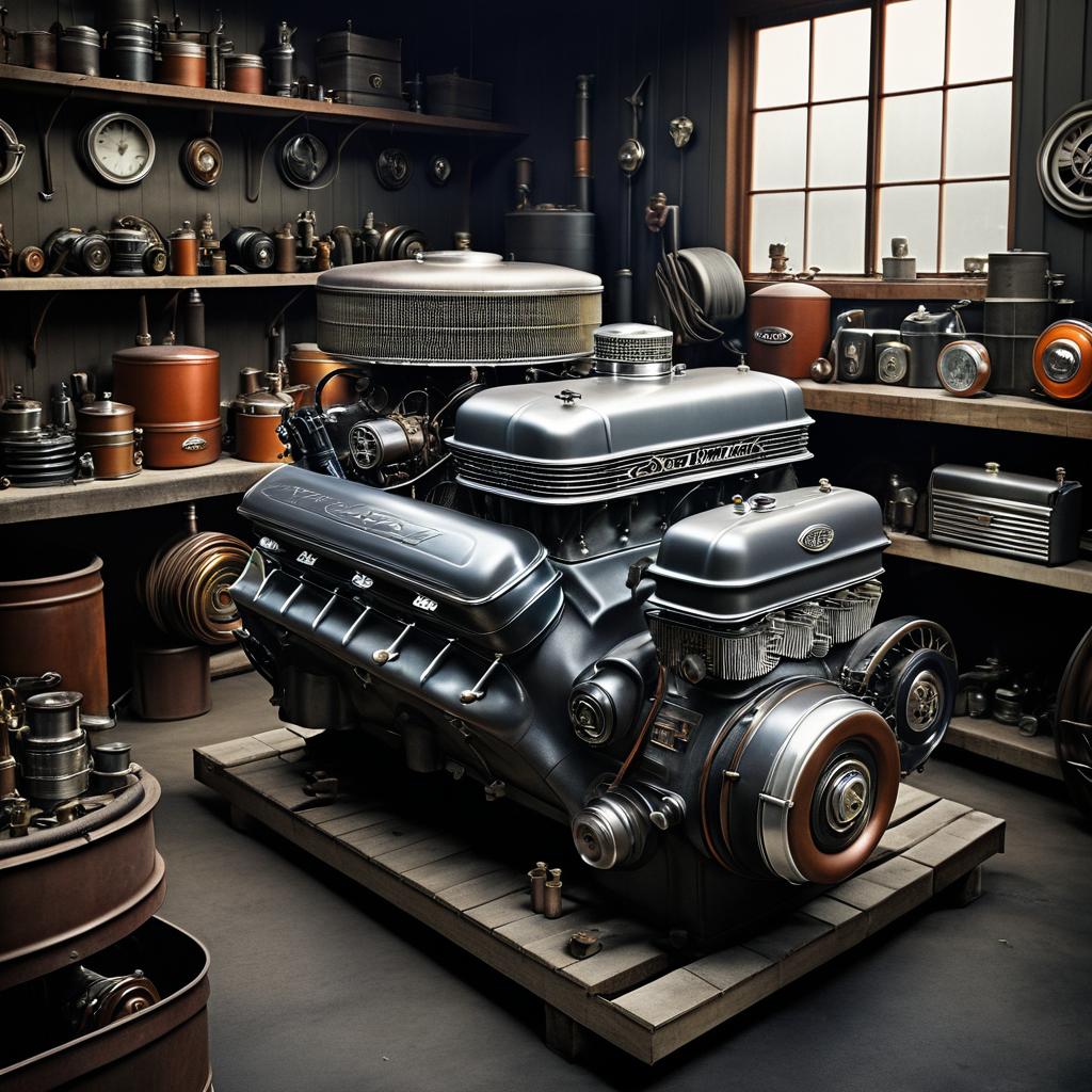 Vintage Car Engine in Realistic Garage