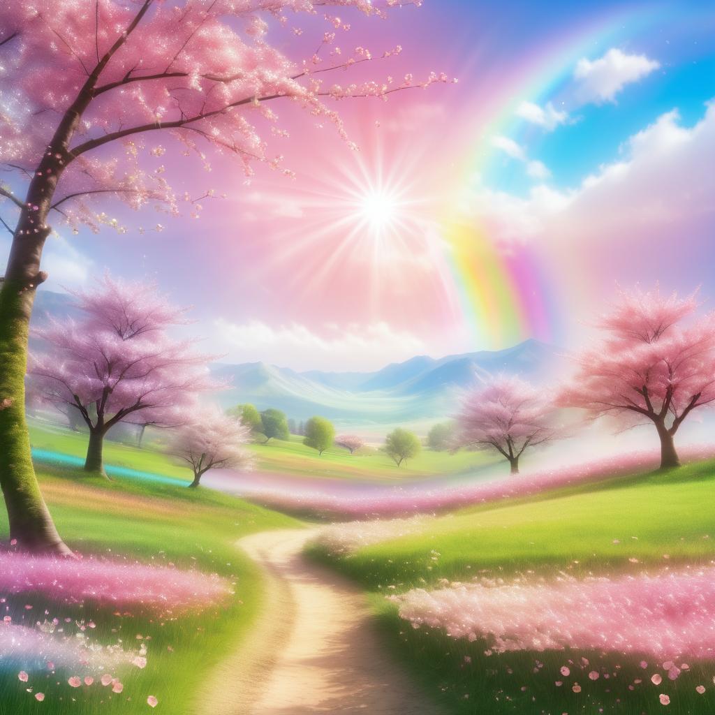 Serene Fantasy Meadow with Rainbow and Blossoms