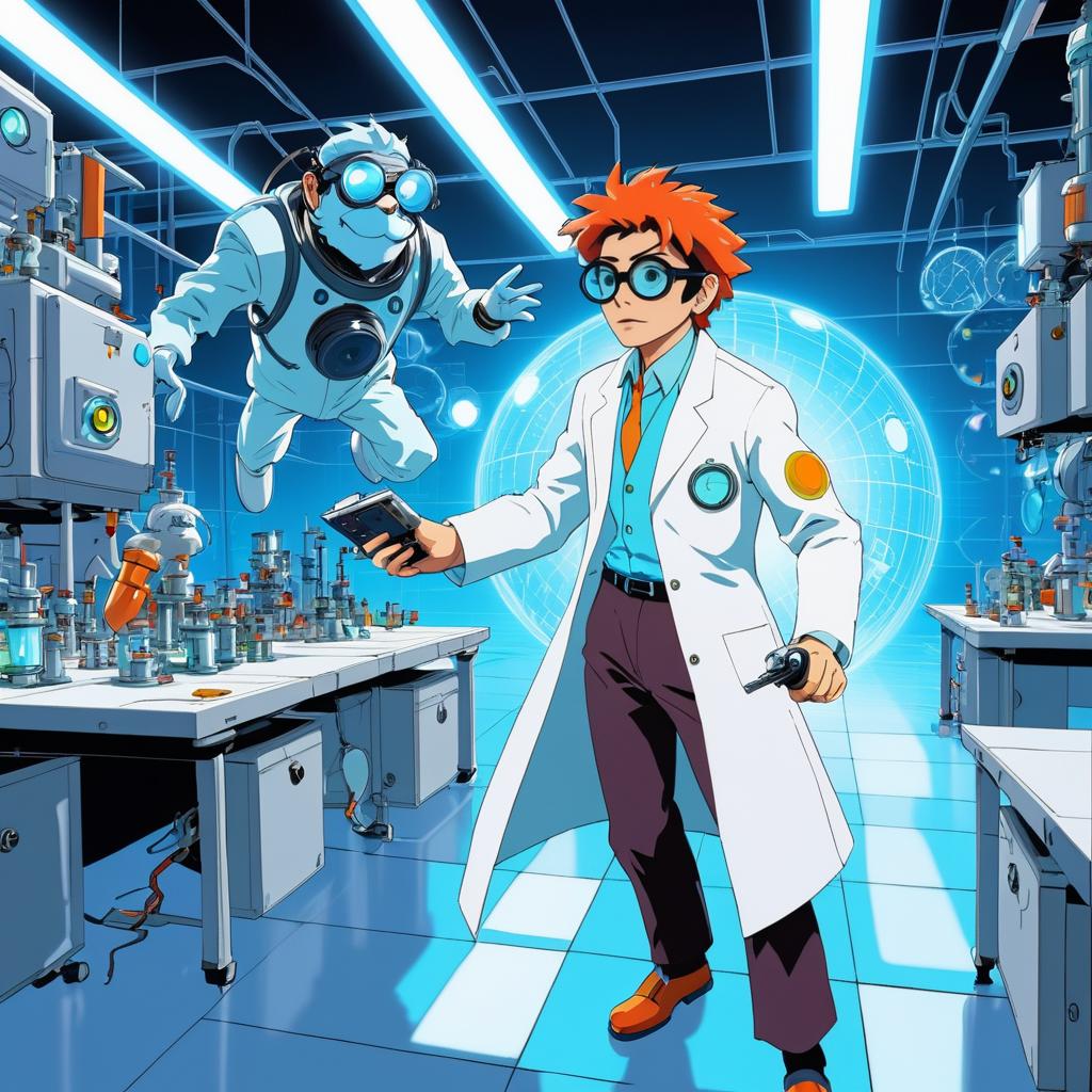 Whimsical Scientist Chasing Robot in Lab