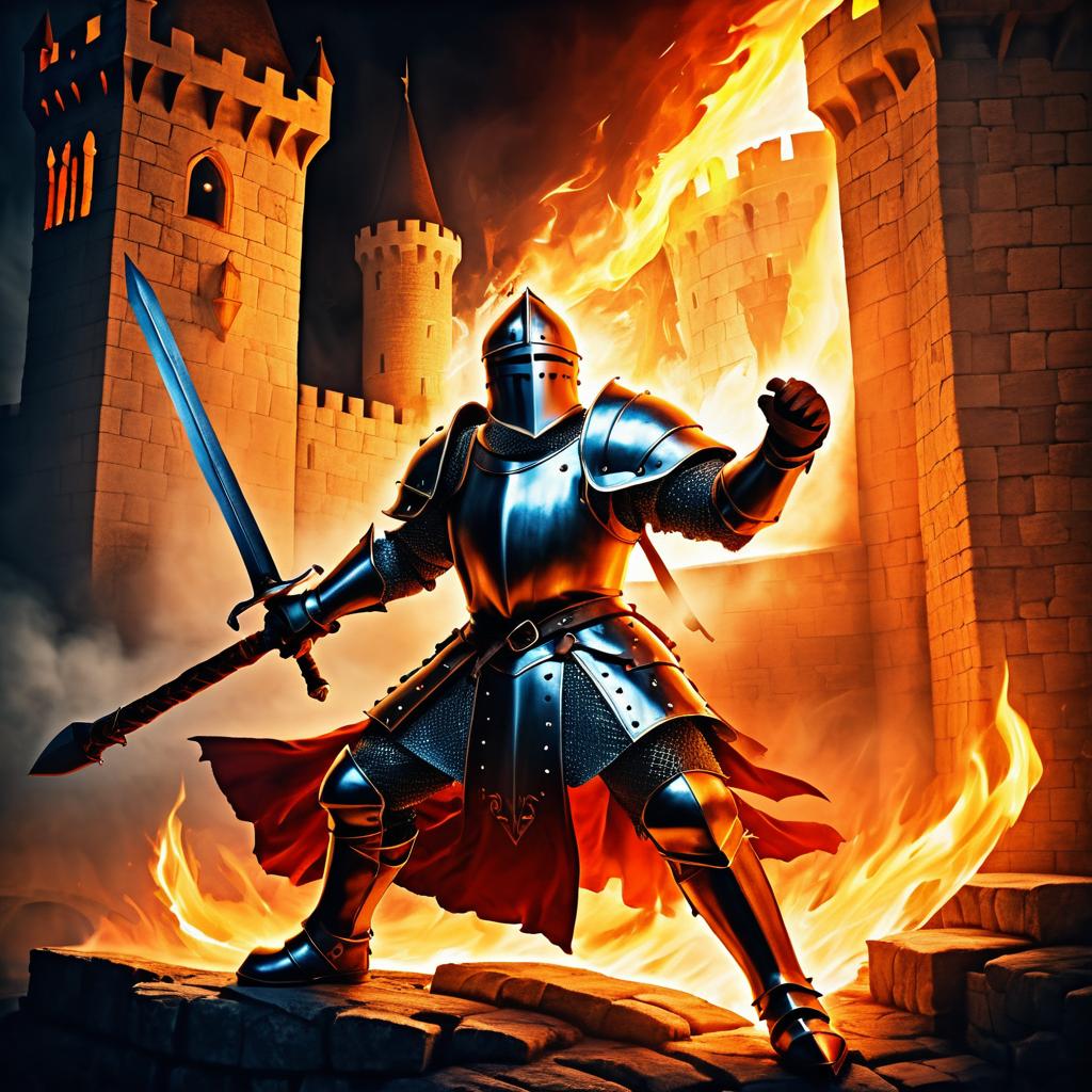 Valiant Knight Defending Castle in Flames