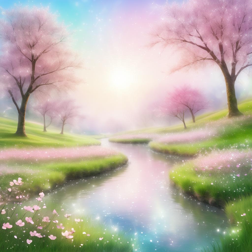 Serene Fantasy Meadow with Pink Blossoms