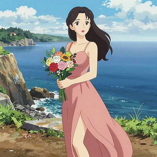 Woman in Dusty Rose Gown Holding Flowers on Coastal Cliff