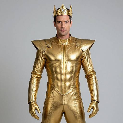 Photograph of a man with a muscular build, wearing a shiny gold, metallic superhero suit with shoulder pads, gloves, and a gold crown, set