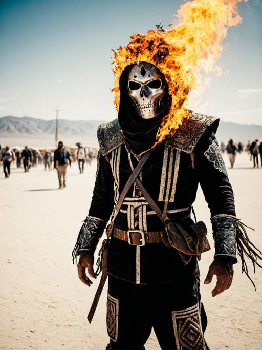 Man in Flaming Skull Costume at Desert Festival