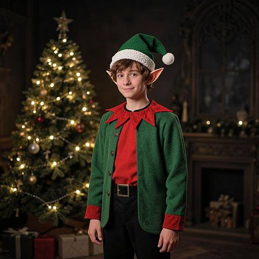 Photograph of a young boy with pointed elf ears, wearing a green jacket, red shirt, black pants, and green hat, standing in front of