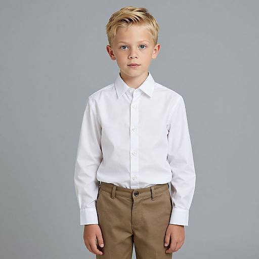 Photograph of a young blonde boy with blue eyes, wearing a white long-sleeve shirt and brown pants, standing against a plain gray background.