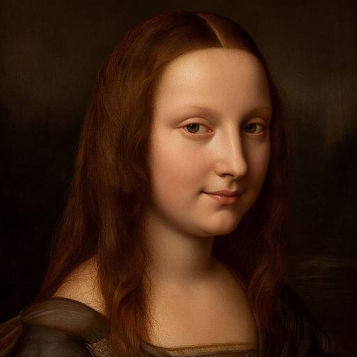 Digital artwork of a young woman with fair skin, long brown hair, and subtle smile, set against a dark background.