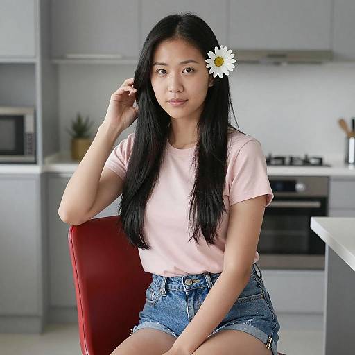 Asian Woman Sitting in Modern Kitchen