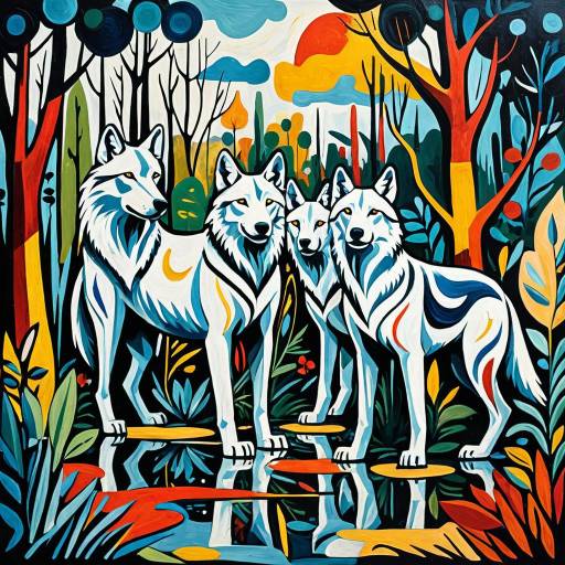 Picasso-Style Abstract Wolves in Vibrant Garden