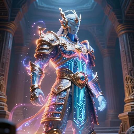 Digital artwork of a glowing blue, armored, humanoid figure with horned helmet, neon-patterned armor, and fiery accents, standing in a grand,