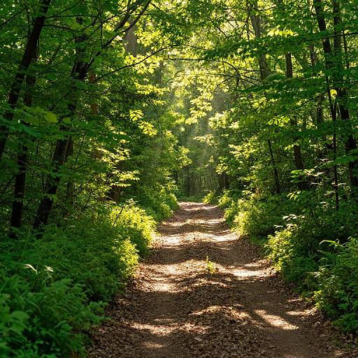 Sunlit forest path: dappled sunlight filters through dense green foliage, casting shadows on the dirt trail, creating a serene, natural pathway. Phot