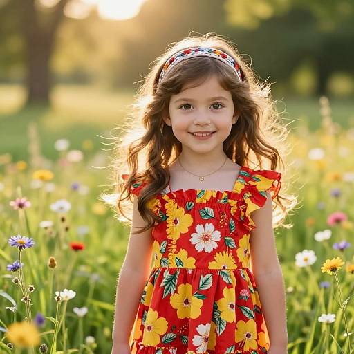 Photograph of a smiling young girl with wavy brown hair, wearing a red floral dress and headband, standing in a sunlit meadow filled