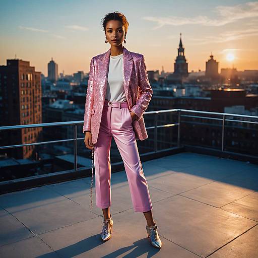 Young Woman in Pink High Fashion Outfit on Rooftop at Sunset