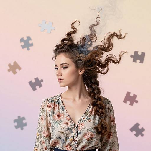 Digital artwork of a pale-skinned woman with long, wavy brown hair in a braid, wearing a floral blouse, set against a gradient past