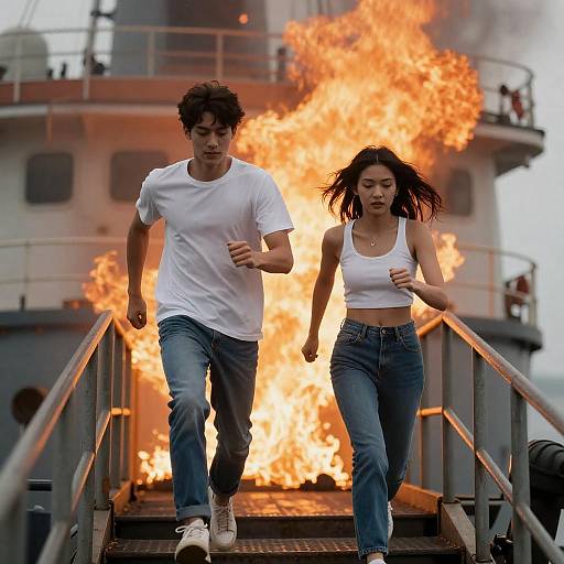 Young Couple Running Down Staircase on Burning Ship