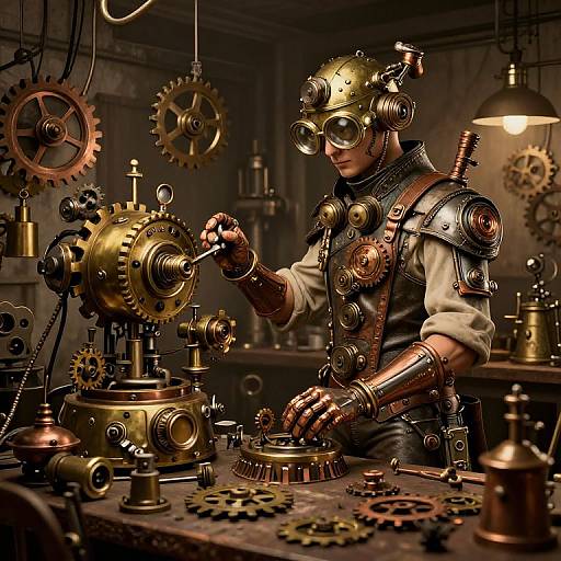 Steampunk inventor in brass goggles and gears, adjusting mechanical gearbox in dimly lit workshop filled with copper and bronze gears. Photorealistic CGI