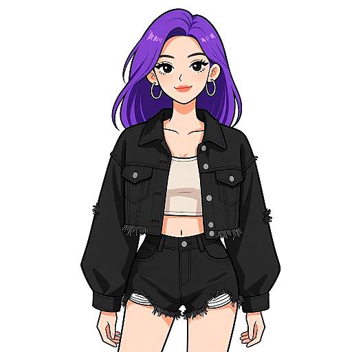 Digital anime-style drawing of a smiling woman with purple hair, wearing a black jacket, white crop top, and black frayed shorts.