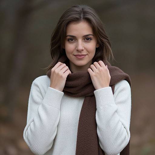 Photograph of a smiling young woman with medium-length brown hair, wearing a white sweater and brown scarf, standing in a blurred forest background.