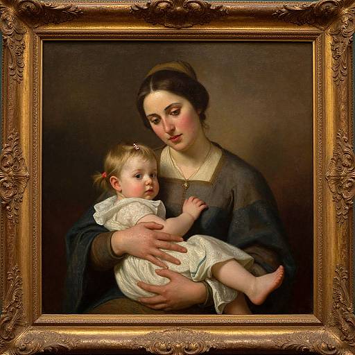 Baroque-style painting of a mother with fair skin and dark hair, cradling a baby with blonde hair and white dress, in an ornate