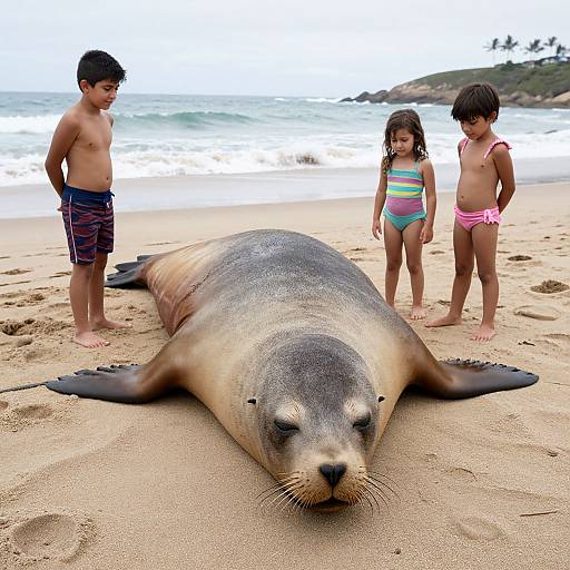 Giant Sea Lion with Curious Kids