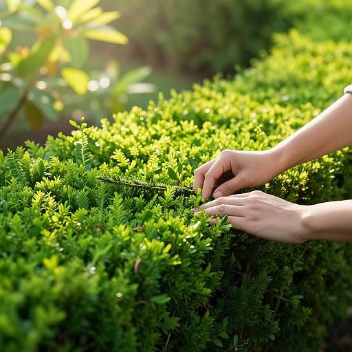 Photograph of a person's hands gently touching lush, green, sunlit shrubbery, with sunlight filtering through leaves in the background.