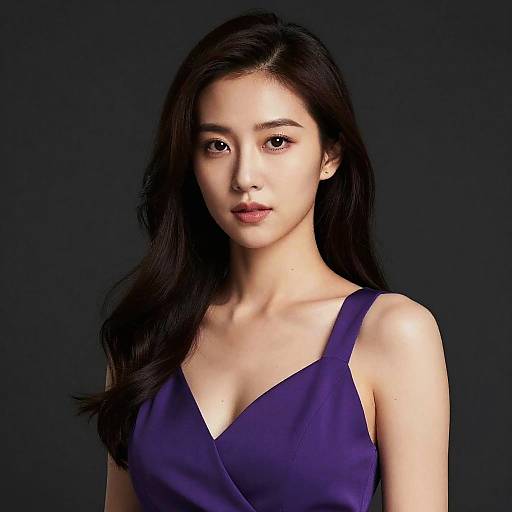 Photograph of an attractive Asian woman with long, dark hair, wearing a deep purple sleeveless dress, against a dark background.