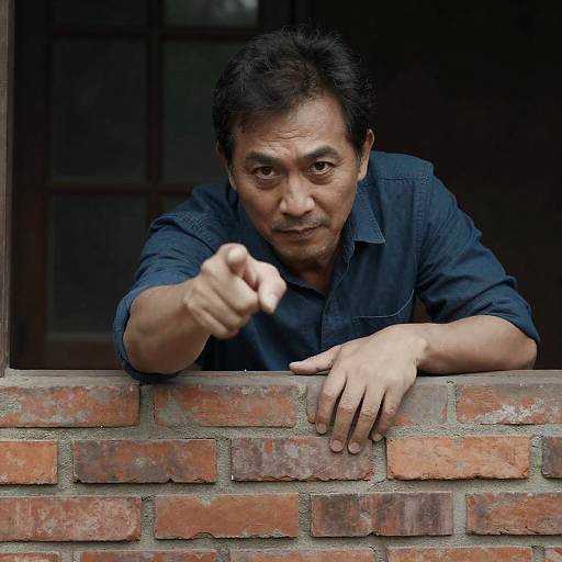 Intense Man Pointing by Brick Wall