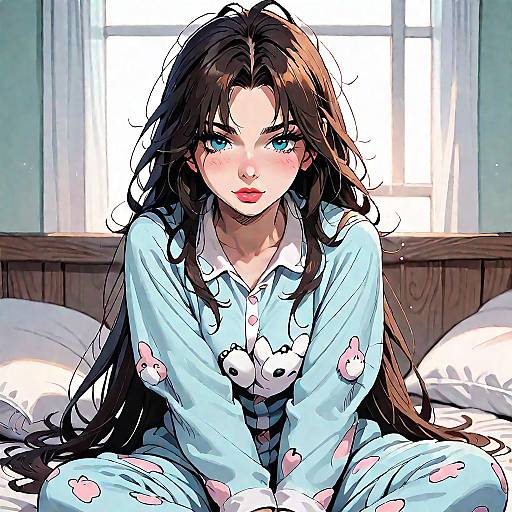 Anime Girl in Animal Print Pajamas Sitting on Bed