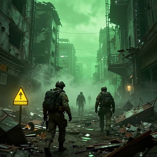 Digital artwork of a dark, green-tinged, war-torn urban street with three soldiers in tactical gear walking through debris, fog, and ruined
