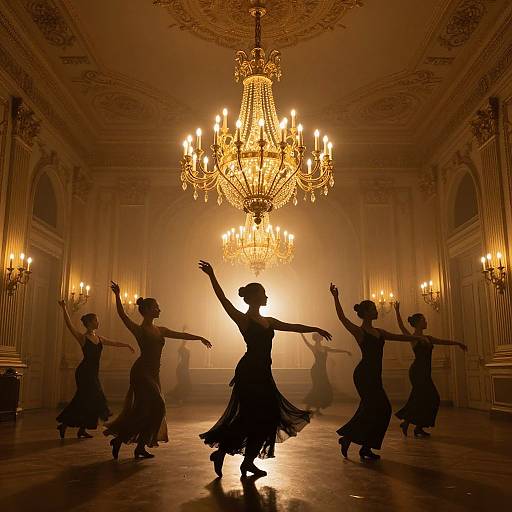 Photograph of six silhouetted ballerinas in elegant dresses dancing under a glowing, ornate chandelier in a foggy, opulent
