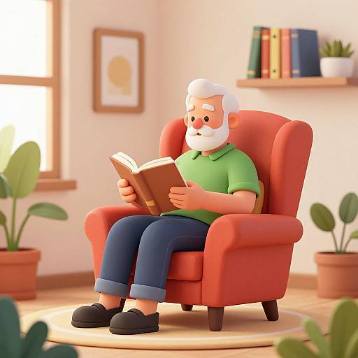 3D CGI of a white-haired, bearded elderly man with a green shirt, blue jeans, and black shoes, reading a book in a red