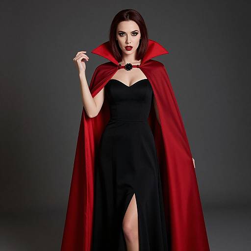 Photograph of a pale-skinned woman with dark hair, wearing a red cape with a high collar, black strapless dress with a thigh-high slit