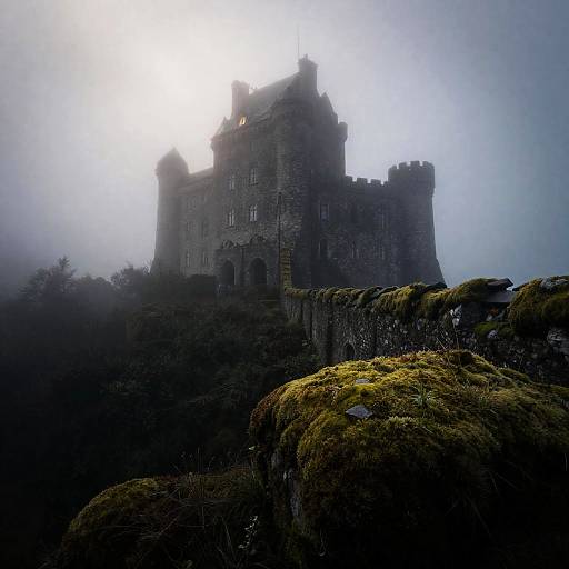 Moss Covered Castle Shrouded in Mist