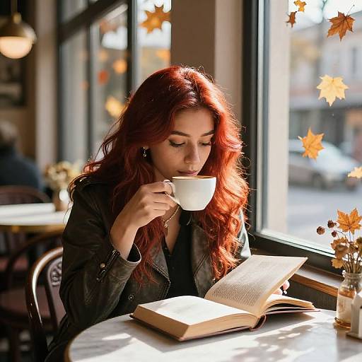 Photograph of a red-haired woman with wavy hair, wearing a black leather jacket, sipping tea at a sunlit café table with an open