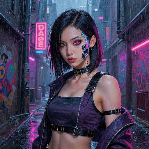 Cyberpunk street scene: Wet, black-haired woman with red eyes, glowing earpiece, black choker, crop top, and jacket in neon