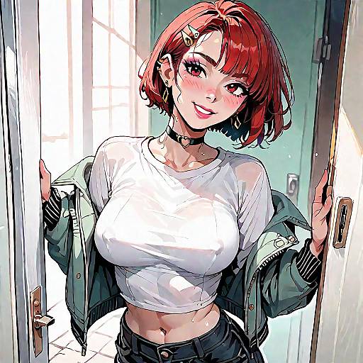 Digital anime-style drawing of a red-haired woman with large breasts, wearing a white crop top, black choker, and open jacket, smiling in a