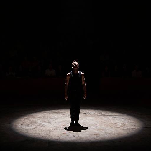 Photograph of a solitary, muscular man in a black tank top and pants, standing on a spotlighted stage, surrounded by darkness.