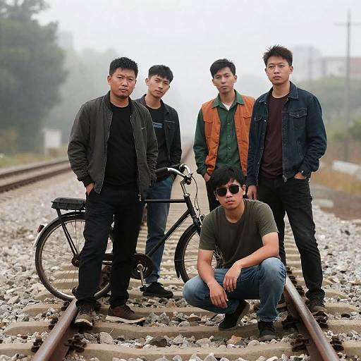Foggy Railway Scene with Men and Bicycle